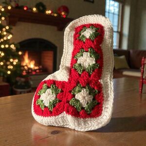 Handmade Crocheted Granny Square Christmas Stocking 14”